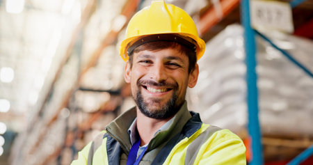 Portrait, logistics and happy with man in warehouse for cargo shipping, supply chain or trade....