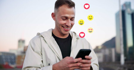 Happy man, social media and icons with phone for online reaction, feedback or emoticons in city....