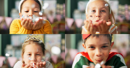 Youth, children and blowing confetti on collage for celebration, event or party together. Happy...