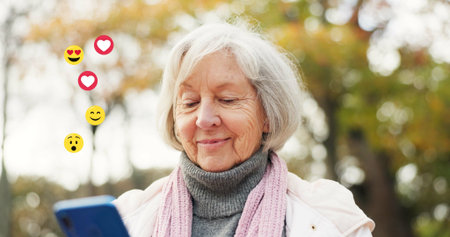 Senior, happy woman or social media icons with phone in nature for online reaction or feedback....