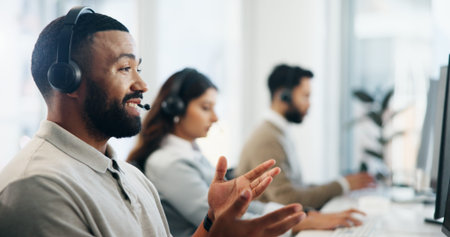 Computer, consulting and support with man in call center for advice, assistance or solution. Contact...