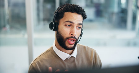 Computer, explain and headset with man in call center for assistance, support or virtual help....