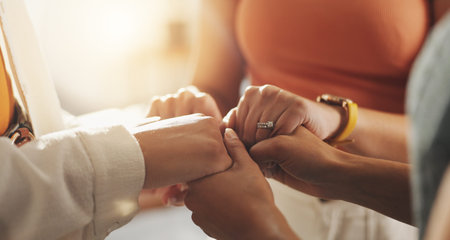 Holding hands, support and group of people for prayer circle, worship and spiritual belief....