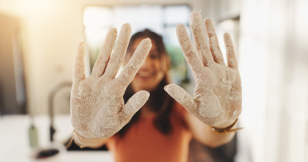 Happy, baking and hands of woman with flour for preparation of dessert, cake and treats. Cooking,...