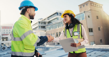 Outdoor, engineer and team with blueprint, handshake and agreement for property development or city....