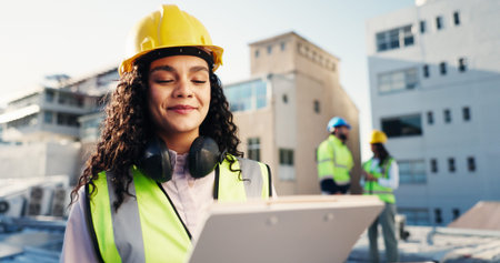Reading, clipboard and engineer with woman on rooftop for building inspection, checklist and smile....
