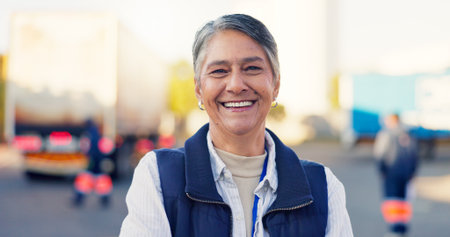 Logistics, happy and yard with portrait of woman for fleet manager, freight shipping or export. Cargo transport, delivery schedule and truck distribution with mature person as dispatch supervisorの写真素材