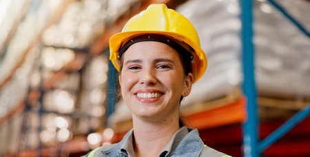 Portrait, logistics and smile with woman in warehouse for cargo shipping, supply chain or trade. Distribution center manager, export and freight inspector with person in factory for quality controlの写真素材