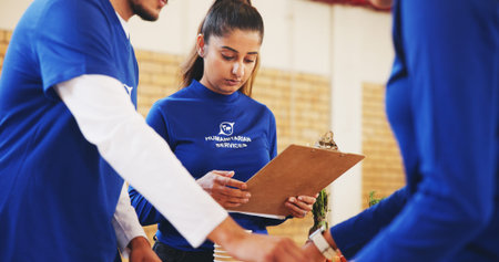 Food, people and clipboard with charity, volunteer or logistics for delivery, teamwork or donations....