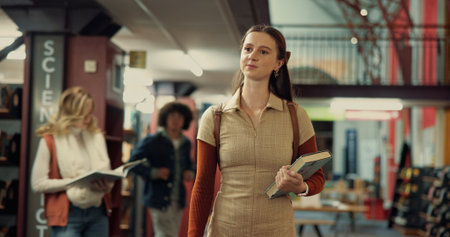 Book, ideas and woman student in library with planning for studying with university exam at campus. Friends, walking and person brainstorming with literature for college test, project or assignment.の写真素材