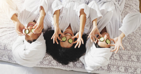Spa, cucumber and smile with friends in hotel for beauty treatment, bonding and hospitality....