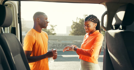 Runner, personal trainer and team or couple in city for fitness club, smart watch and workout...
