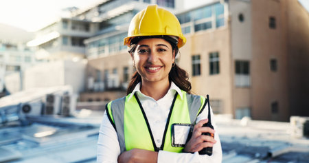 Woman, portrait and contractor at construction site for inspection, radio for maintenance or...