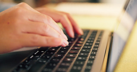 Laptop, keyboard and hands of businessperson typing in office with research for creative project....
