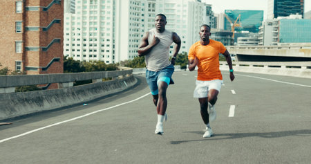 Running, race and fitness with black men in city for marathon, workout and training performance....