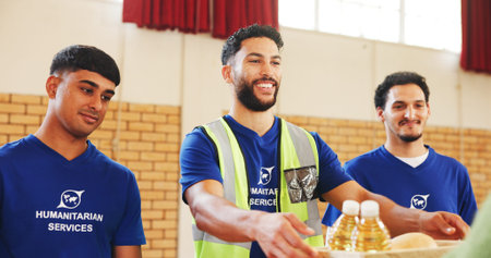 Food bank, volunteer and happy men with donation for help, nonprofit or community outreach. Charity,...