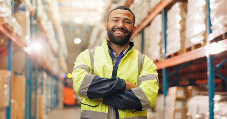 Portrait, logistics engineer and man with arms crossed, factory and pride for supply chain or smile....