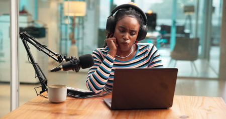 Studio, headphones or woman confused with laptop for script mistake, troubleshooting or doubt. Radio...