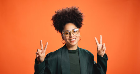 Smile, portrait and woman with peace sign, glasses and social media influencer for fashion. Happy...