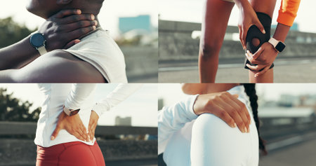 Collage, body pain and people with fitness, exercise and sore with inflammation, anatomy and ache. Closeup, athlete and group in street, wellness and health with training accident and muscle tensionの写真素材