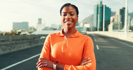 Happy, fitness and portrait of black woman in city for running, workout or training for marathon....