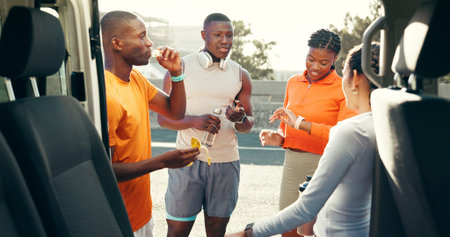 Active, group and people talk for fitness break, conversation and check smart watch by car. Friends,...