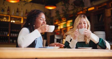 Coffee shop, friends and happy women with drink in conversation for hangout, reunion and bonding. Restaurant, cafe and people with beverage, talking and gossip for relationship, social chat and relaxの写真素材