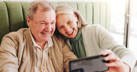 Senior couple, excited or selfie in cafe with love, anniversary date or take picture for milestone....