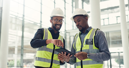 Engineer, tablet and team planning for building inspection, maintenance and discussion. Happy...