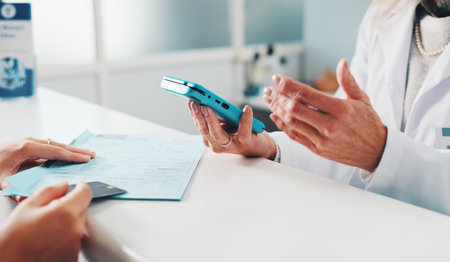 Machine, credit card and doctor with patient in clinic for payment for medical checkup. Banking,...