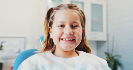 Happy girl, portrait and patient with teeth for dental hygiene, checkup or appointment at clinic....