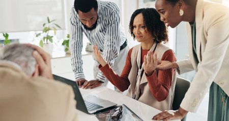 Business team, laptop and confused in office for error, declined project and group crisis. Company...