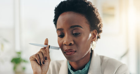 Thinking, ideas and black woman in office for planning creative project for publishing at magazine. Brainstorming, solution and African copywriter with problem solving for article at media agency.の写真素材