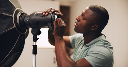 Photography, man or lighting setup in studio for photoshoot preparation, production or spotlight....