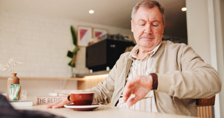 Senior, waiting and time with man in cafe for customer service, coffee order and date. Hospitality,...