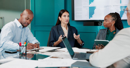 Meeting, colleagues and discussion with paperwork in boardroom, data analysis and financial growth....
