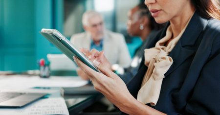 Hands, meeting and woman in office, tablet and graphs for financial planning, app and internet....