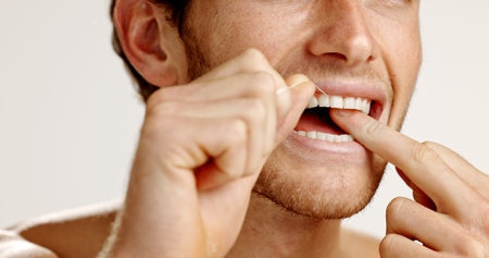 Dental care, floss and man in studio with hygiene, wellness and mouth routine in morning. Oral...