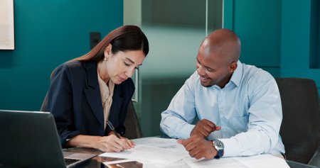 Finance, sign and business people with contract in office for b2b deal, legal advice or documents. Paperwork, lawyer and partnership in meeting with financial advisor, client or application agreementの写真素材