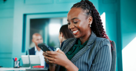 Smile, corporate and woman with phone in office for financial report, reading email and proposal....