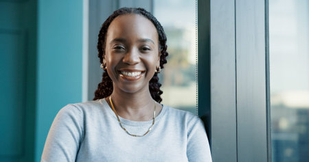 Portrait, creative and happy black woman in office for business, ambition or pride with journalist....