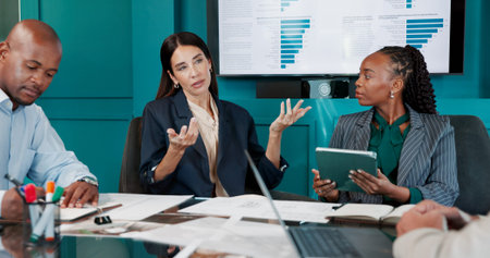 Meeting, group and discussion with paperwork in boardroom, colleagues and data analysis for company....
