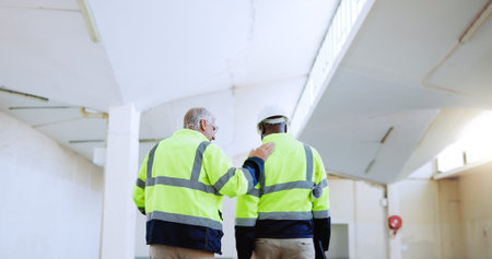 Men, architect and back at property, team or support with touch for advice with inspection. People,...
