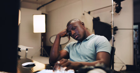 Photography, editor and sleeping with black man in studio for photoshoot, deadline and retouching....