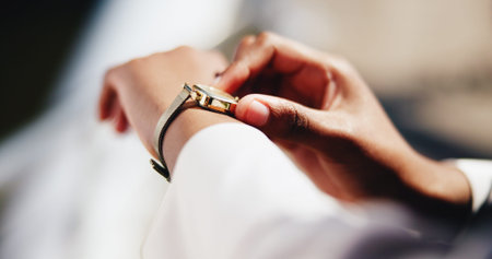 Business person, hands and checking watch with time for deadline, schedule appointment or delay....