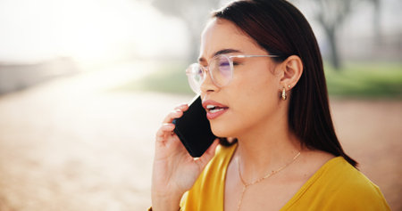 Phone call, confused and woman outdoor with networking, contact or connectivity on holiday. Tech,...