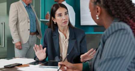 Collaboration, finance and meeting with business women in office for investment, planning or...
