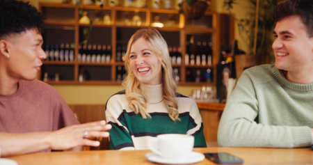 Laughing, relax and happy with friends in cafe for social reunion, bonding and conversation. Funny,...