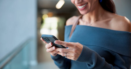 Business, smartphone and woman in office, hands and social media with online reading. Mature person,...