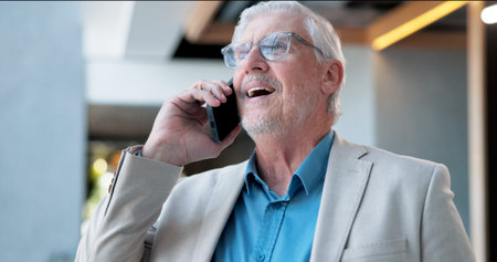Phone call, conversation and man in office, laugh and network with investor for opportunity or talk....
